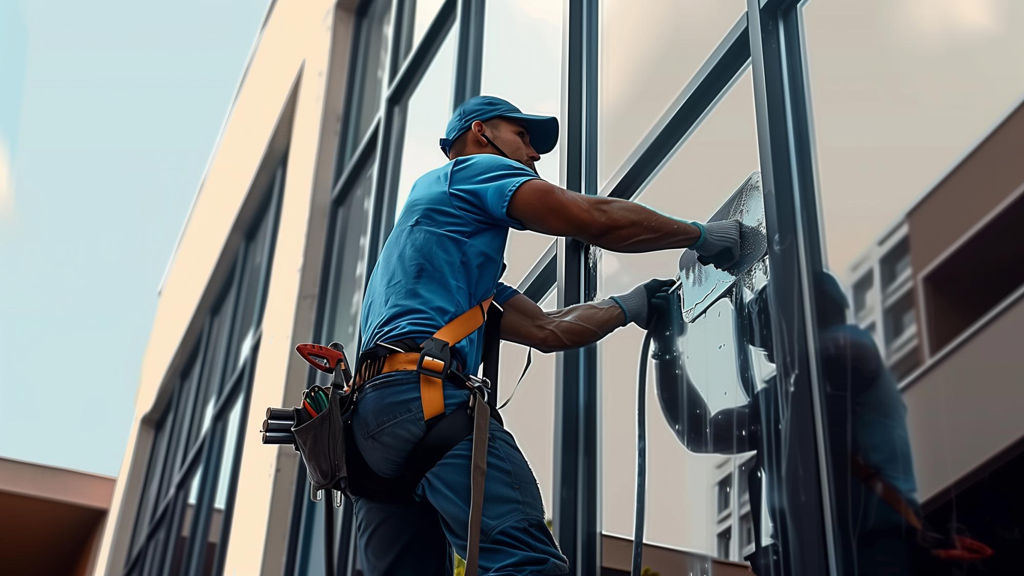 A window cleaner in a blue shirt and cap is using a squeegee to clean the glass of a large building. The worker is harnessed and equipped with tools on a belt, with a modern architectural backdrop.
